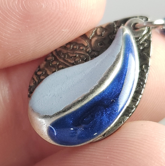 Silver Etched Floral & Metallic Blue Swirl Layered Dangle Earrings - Picture 6 of 10